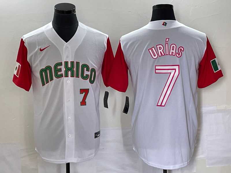 Mens Mexico Baseball #7 Julio Urias Number 2023 White Red World Classic Stitched Jersey42